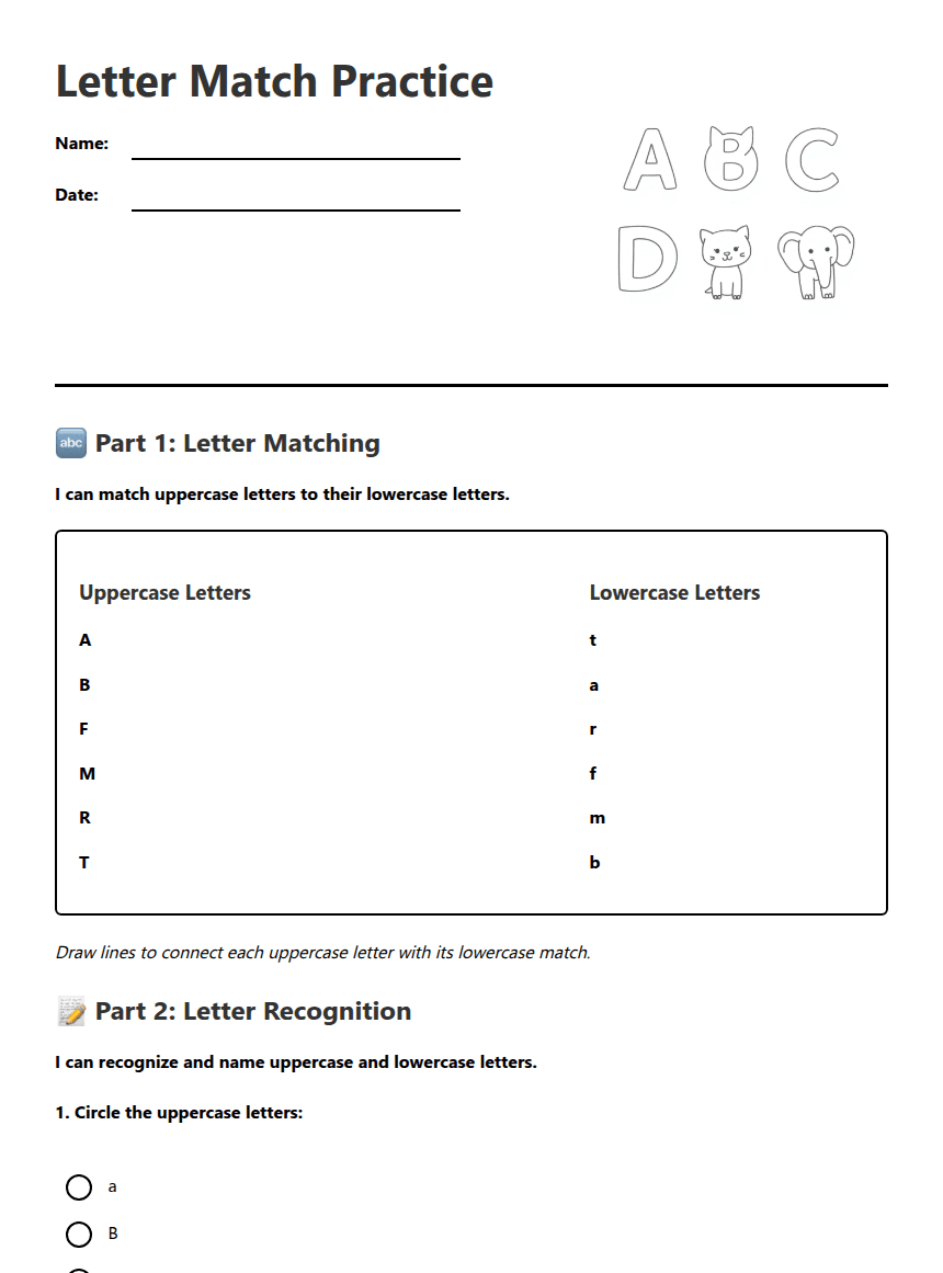 Letter Match Practice worksheet preview