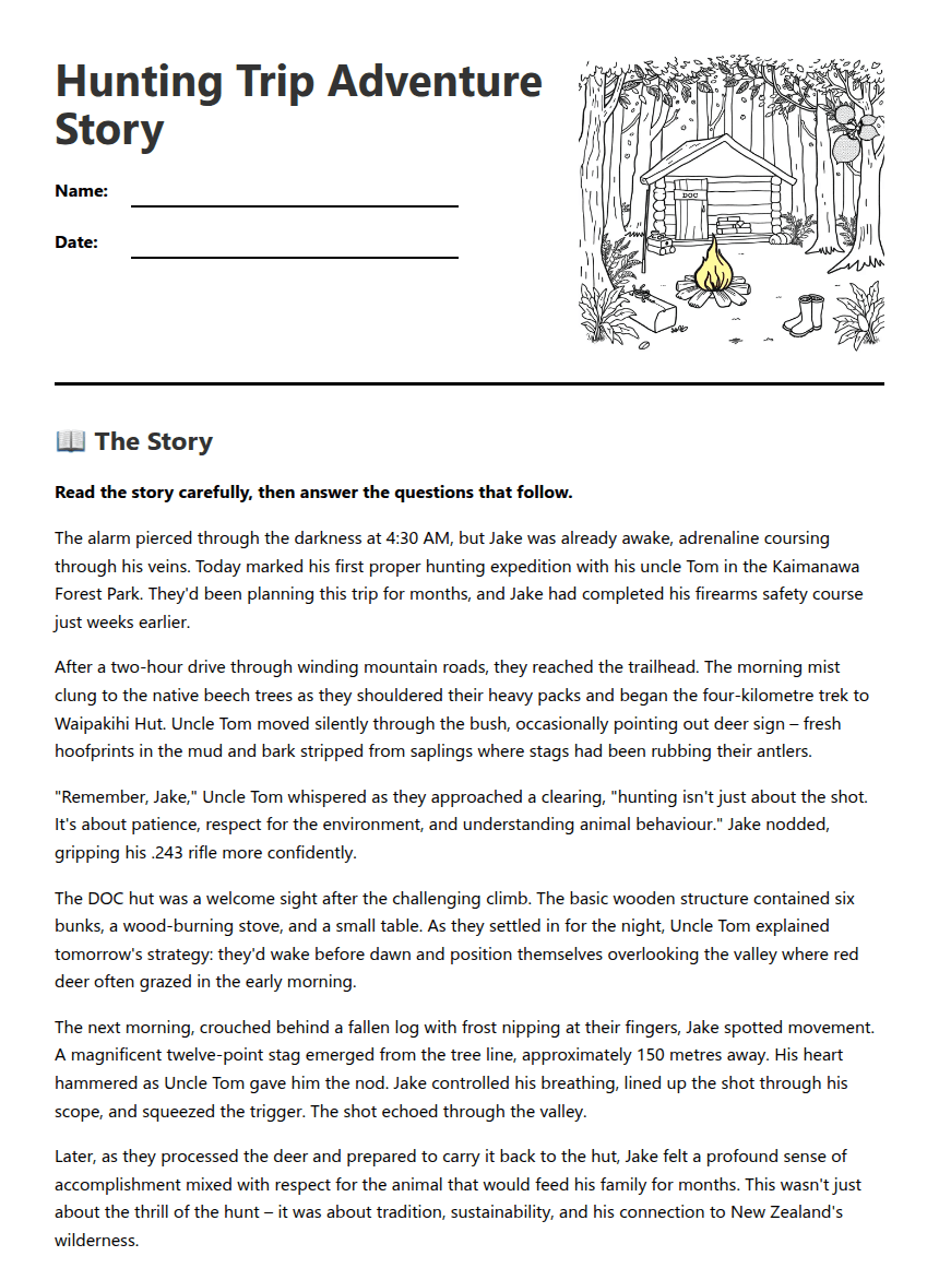 Hunting Trip Adventure Story worksheet preview