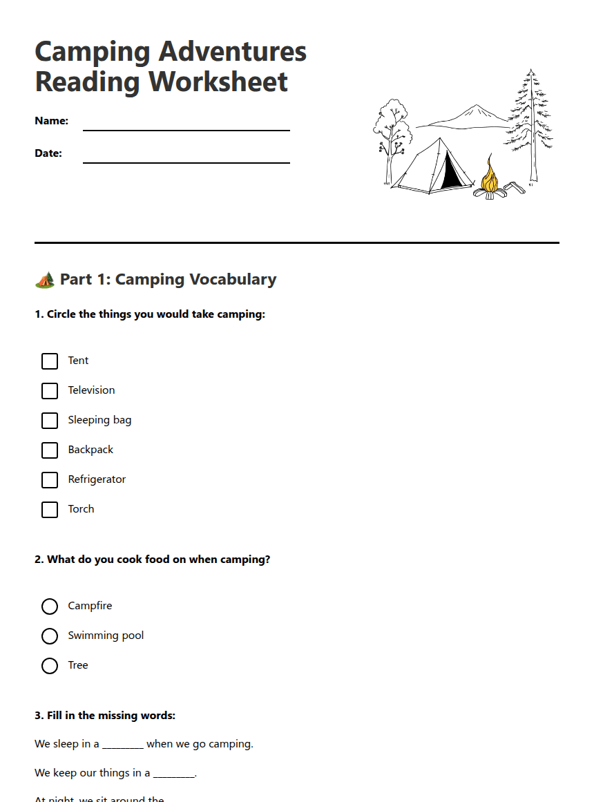 Camping Adventures Reading Worksheet worksheet preview