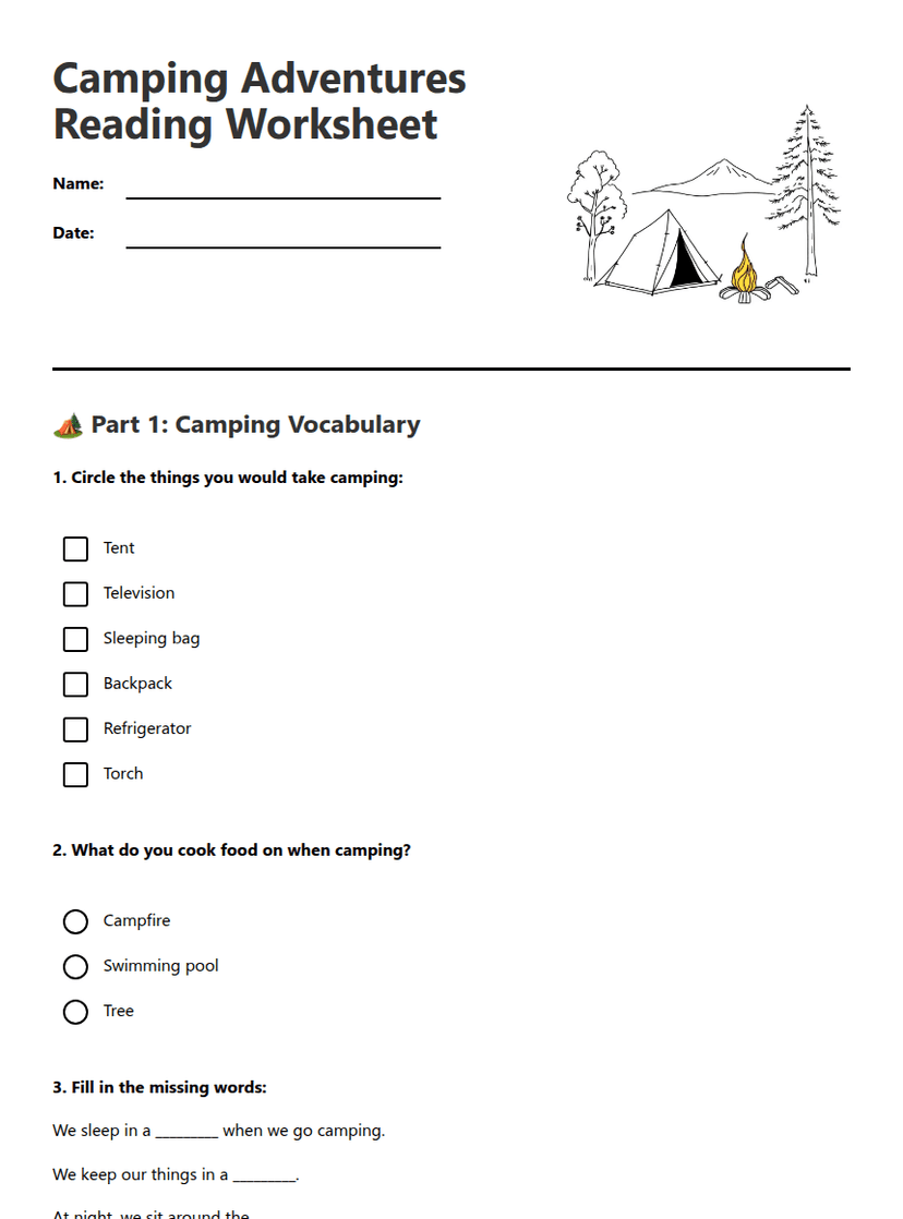 Camping Adventures Reading Worksheet