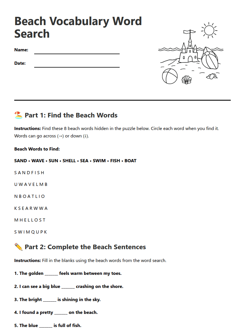 Beach Vocabulary Word Search worksheet preview