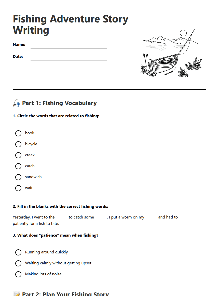 Fishing Adventure Story Writing worksheet preview