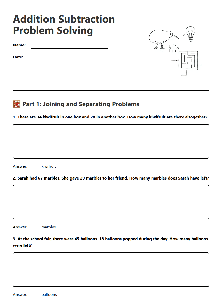 Addition Subtraction Problem Solving worksheet preview