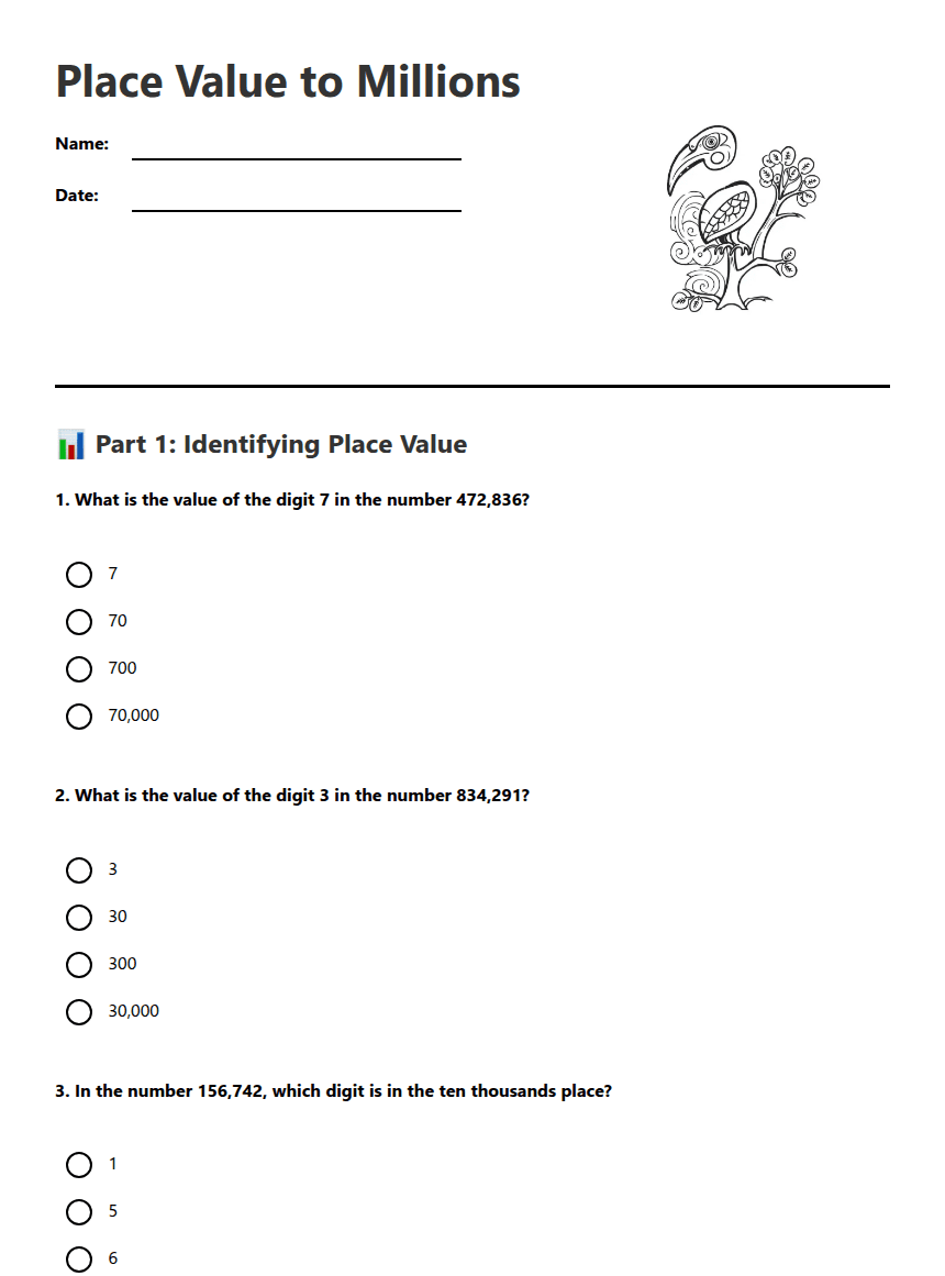 Place Value to Millions worksheet preview