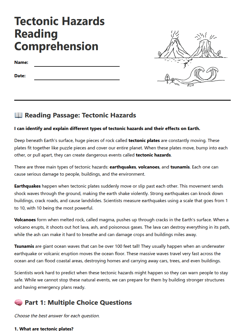 Tectonic Hazards Reading Comprehension worksheet preview