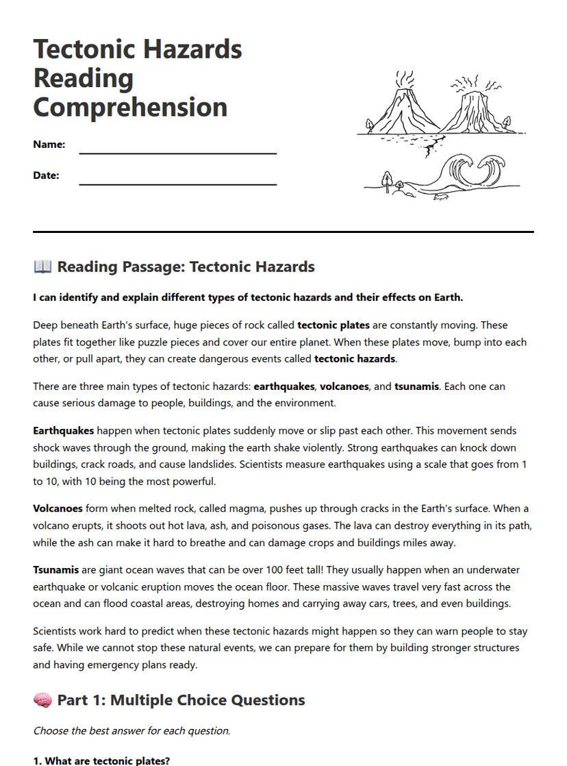 Tectonic Hazards Reading Comprehension