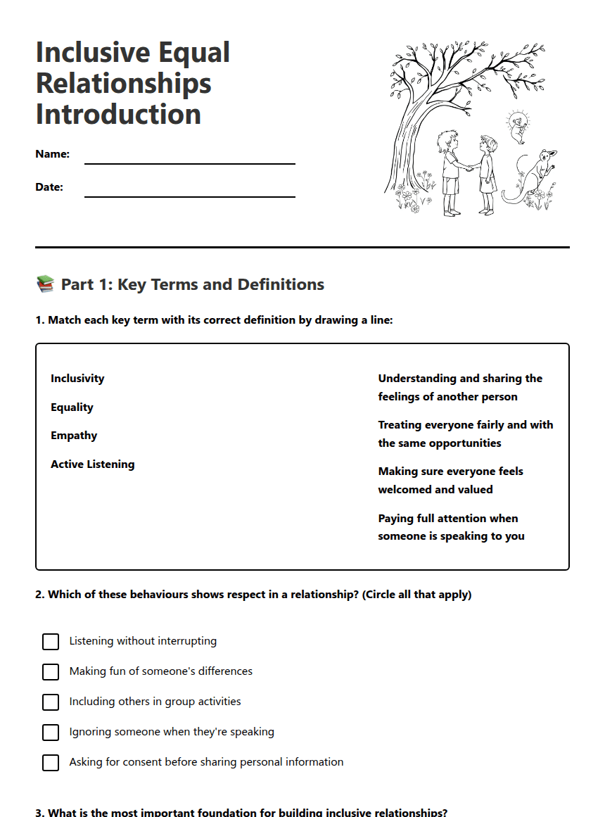 Inclusive Equal Relationships Introduction worksheet preview