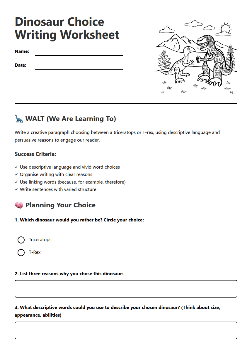 Dinosaur Choice Writing Worksheet worksheet preview