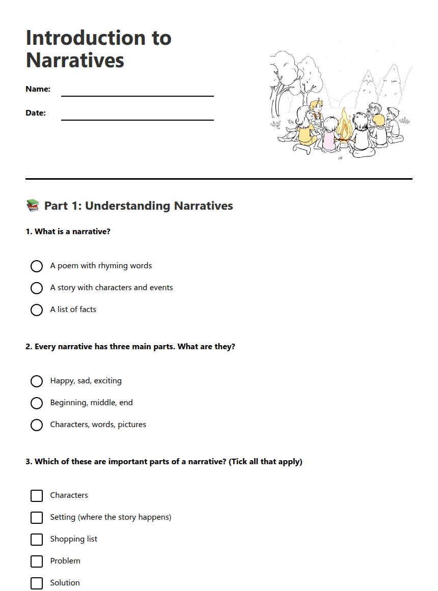 Introduction to Narratives worksheet preview