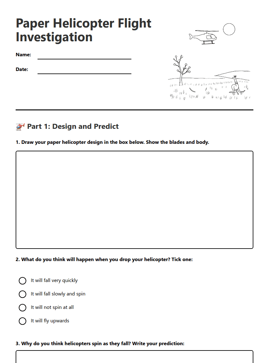 Paper Helicopter Flight Investigation worksheet preview