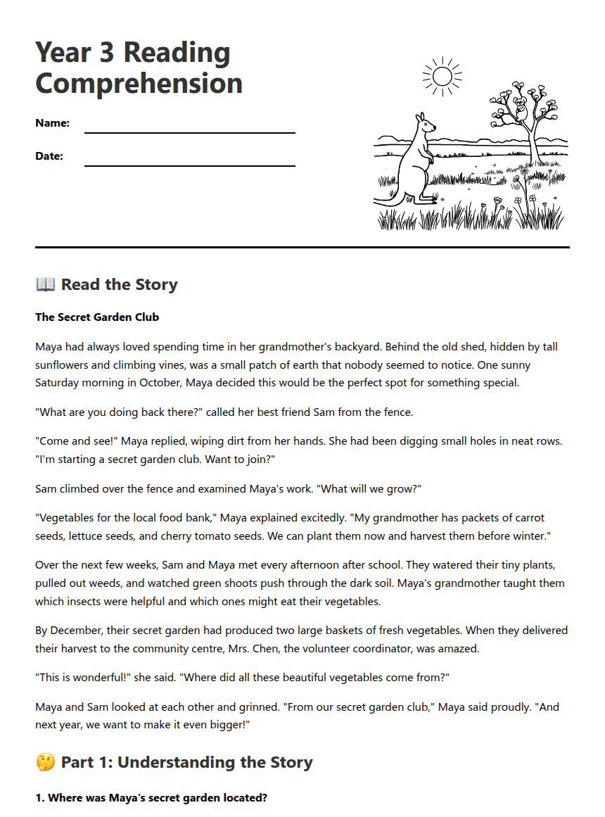 Year 3 Reading Comprehension worksheet preview
