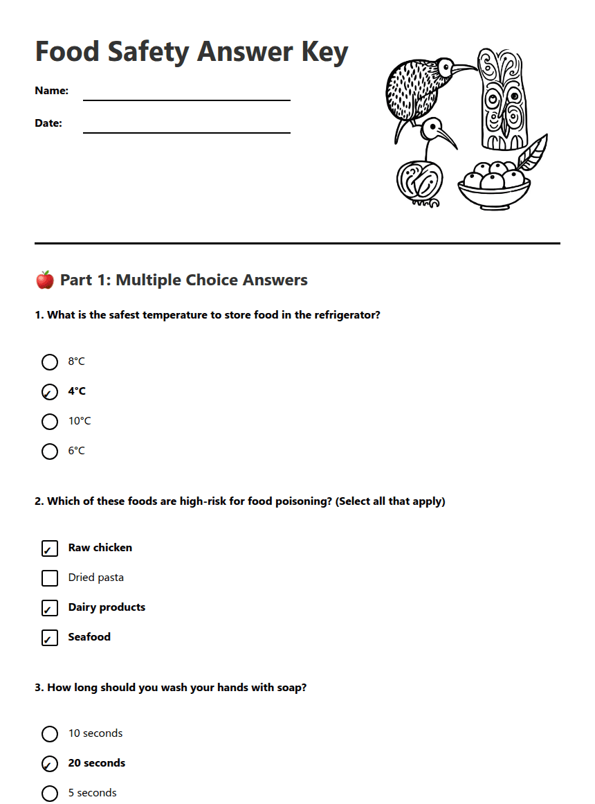 Food Safety Answer Key worksheet preview