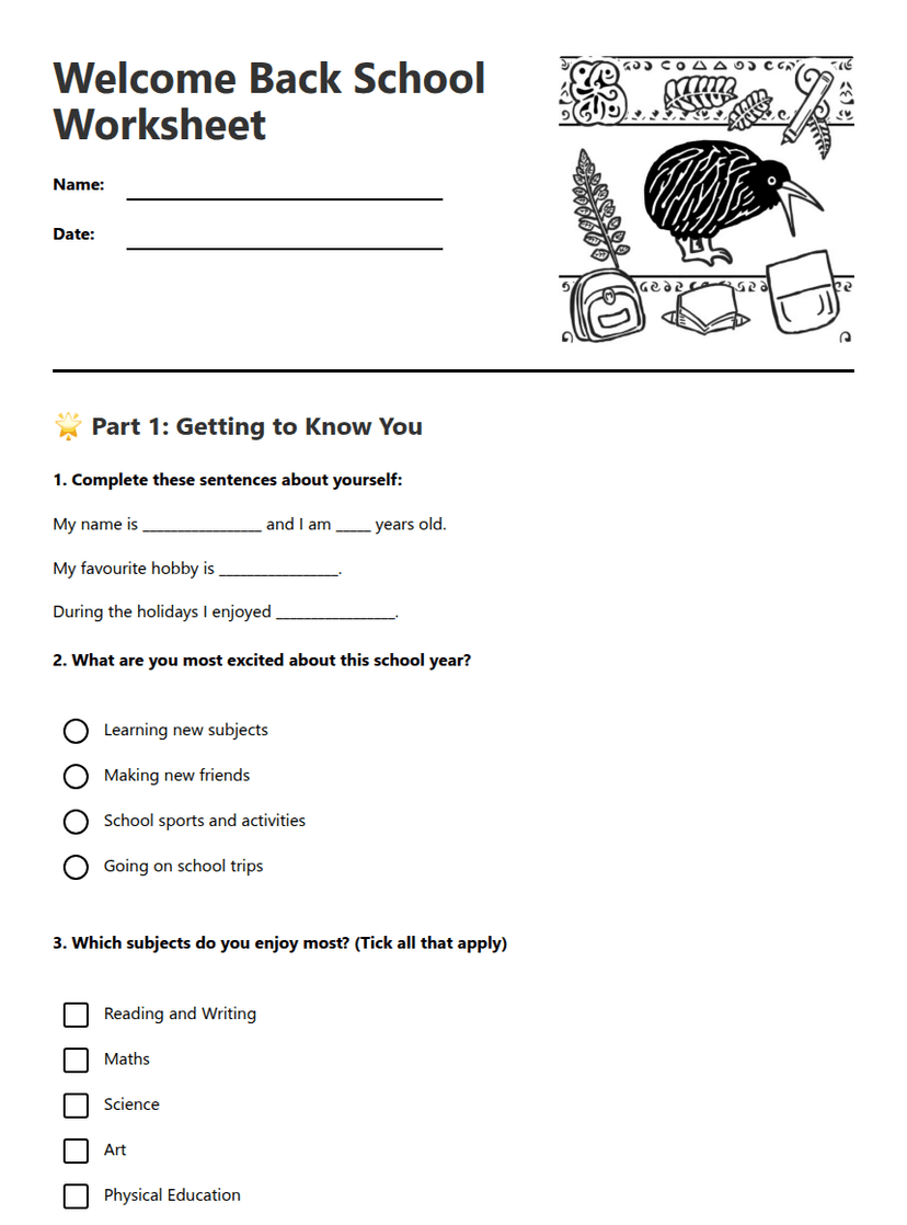 Welcome Back School Worksheet