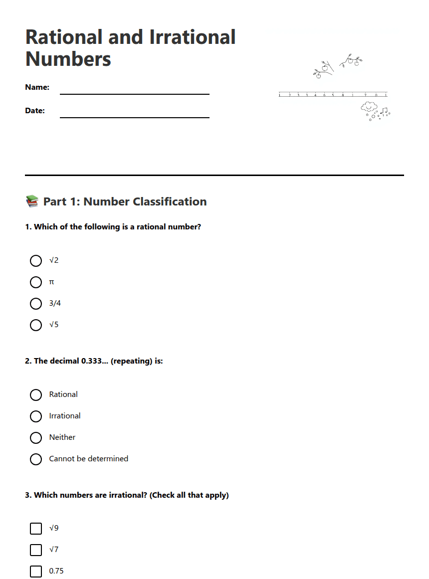 Rational and Irrational Numbers worksheet preview