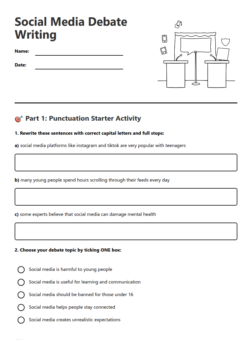 Social Media Debate Writing worksheet preview