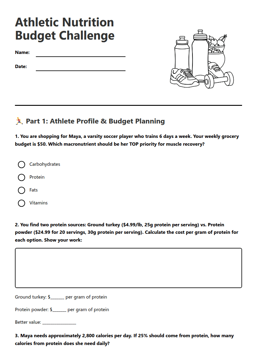 Athletic Nutrition Budget Challenge worksheet preview