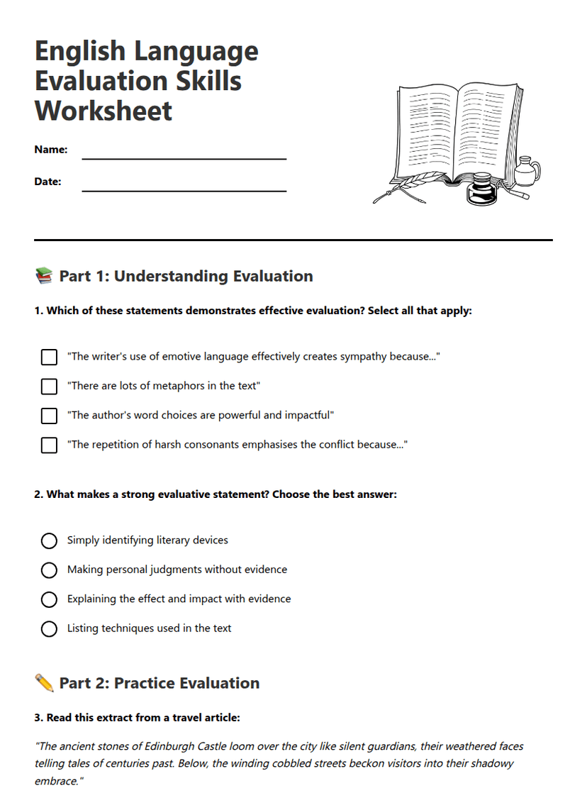 English Evaluation Skills Worksheet