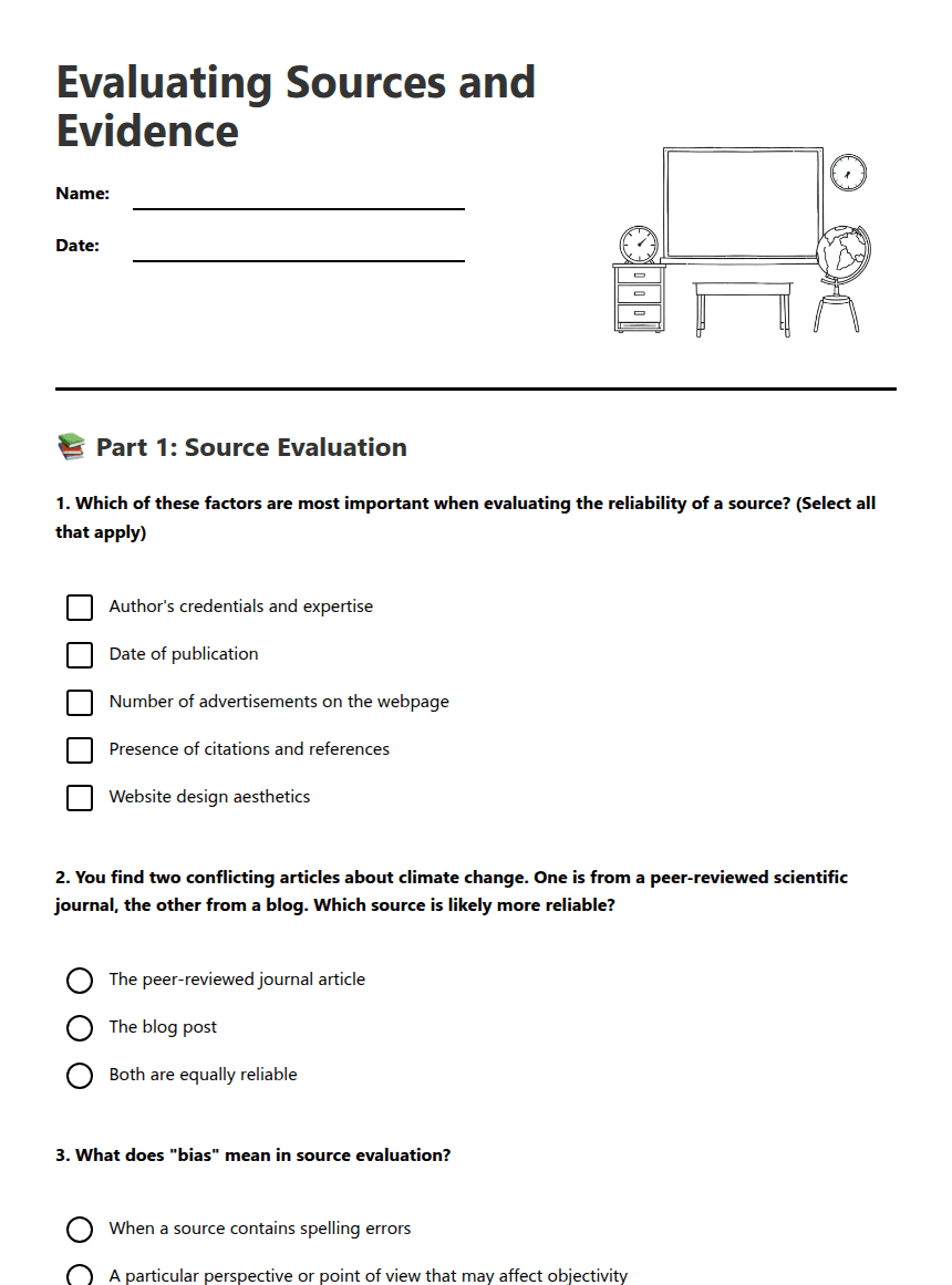 Evaluating Sources and Evidence worksheet preview