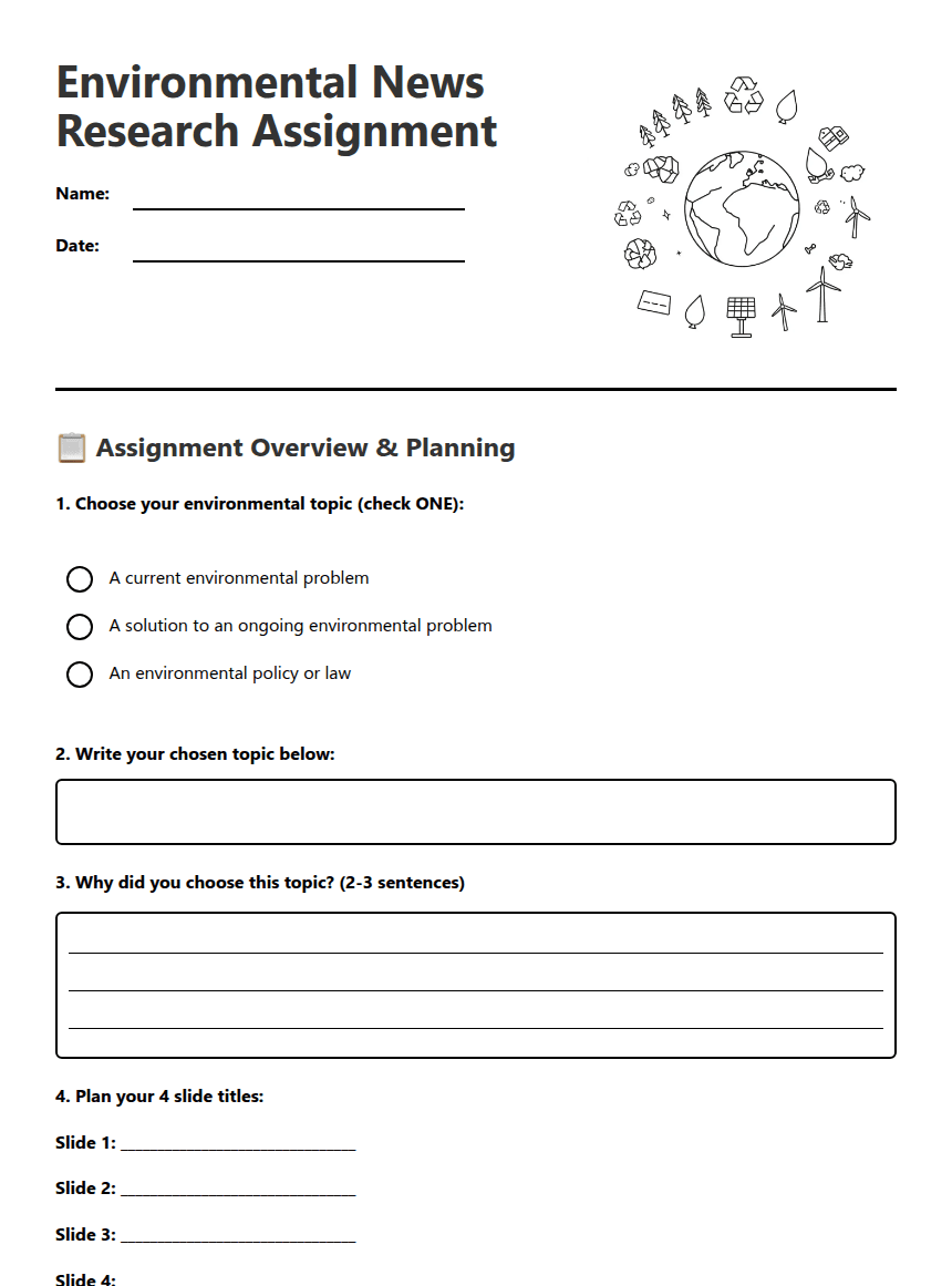 Environmental News Research Assignment worksheet preview
