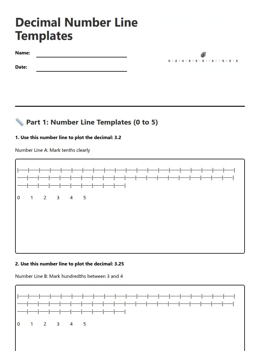Decimal Number Line Templates worksheet preview