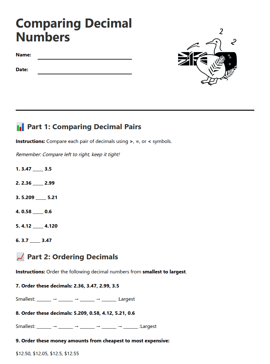 Comparing Decimal Numbers worksheet preview