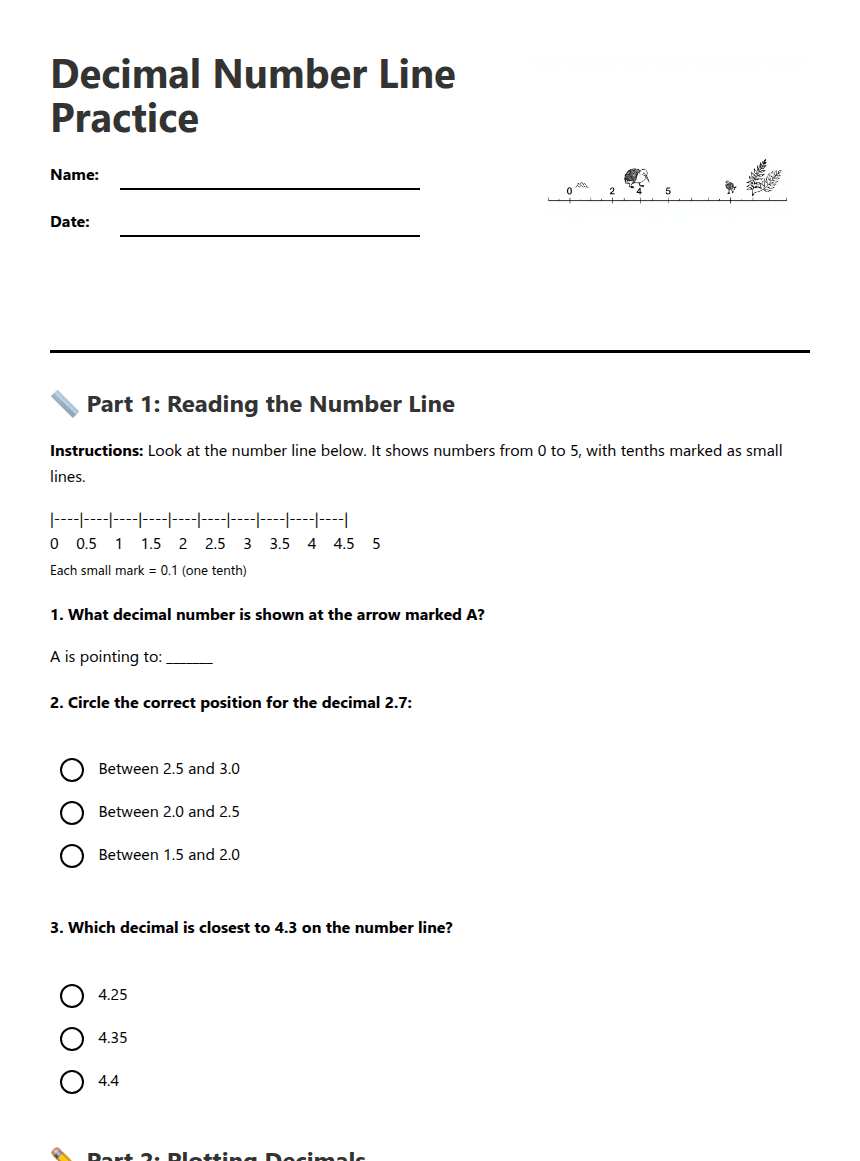 Decimal Number Line Practice worksheet preview