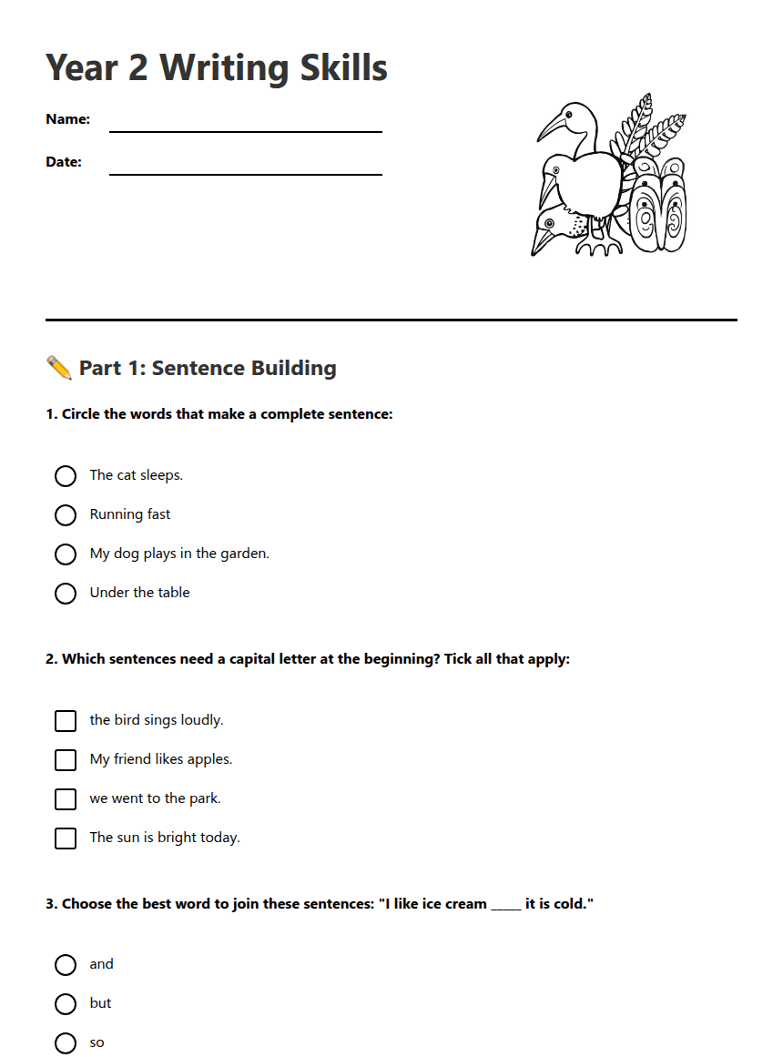 Year 2 Writing Skills worksheet preview