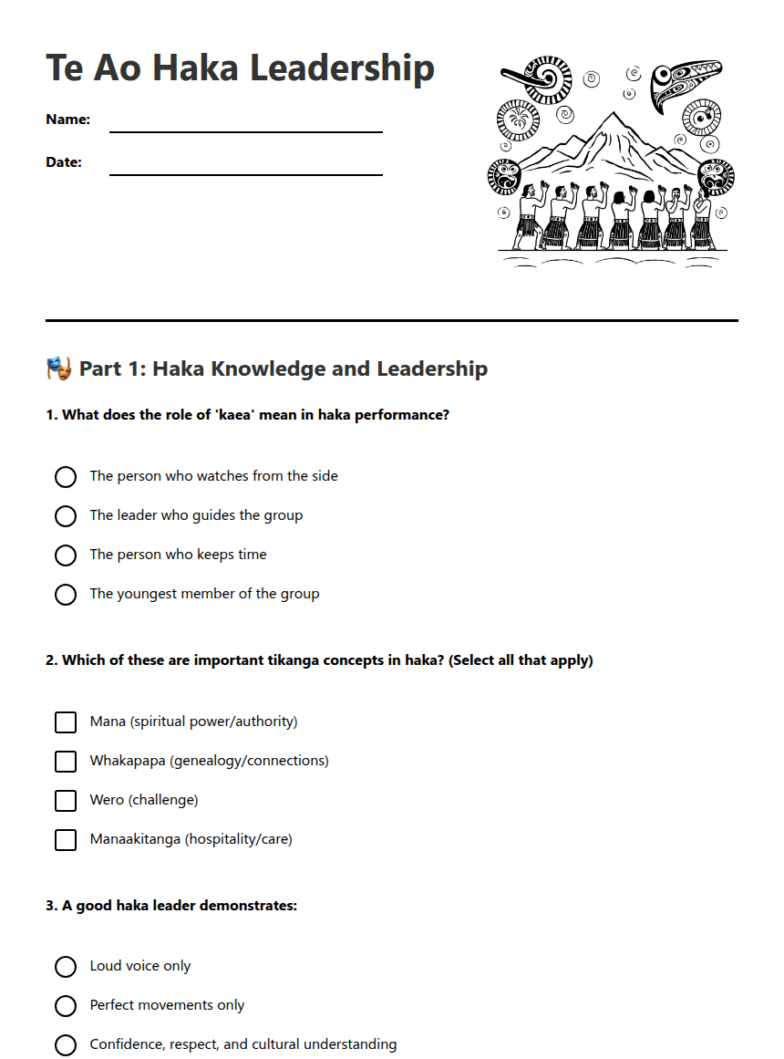 Te Ao Haka Leadership worksheet preview