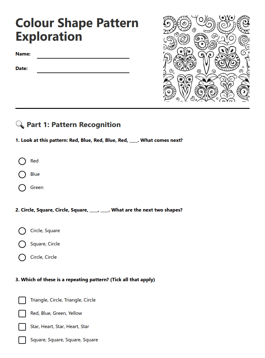 Colour Shape Pattern Exploration worksheet preview