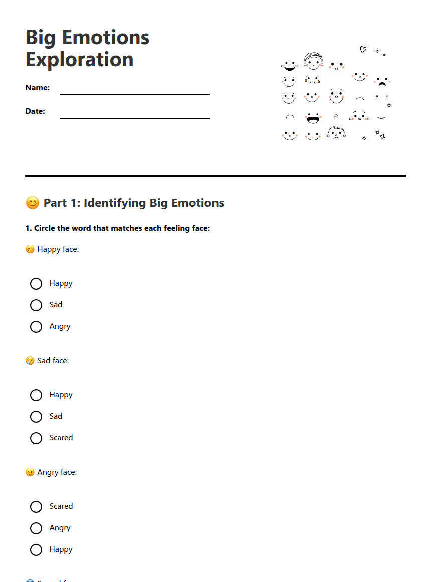 Big Emotions Exploration worksheet preview