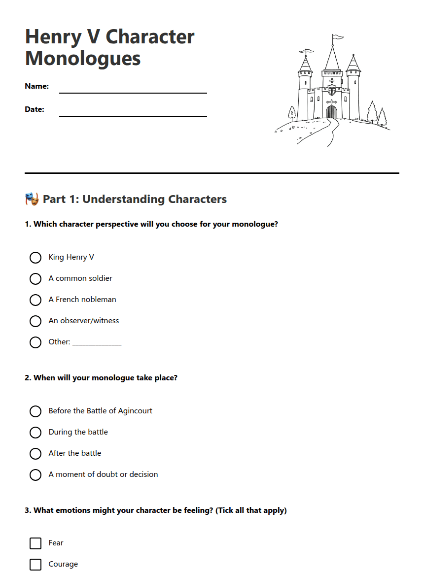 Henry V Character Monologues worksheet preview