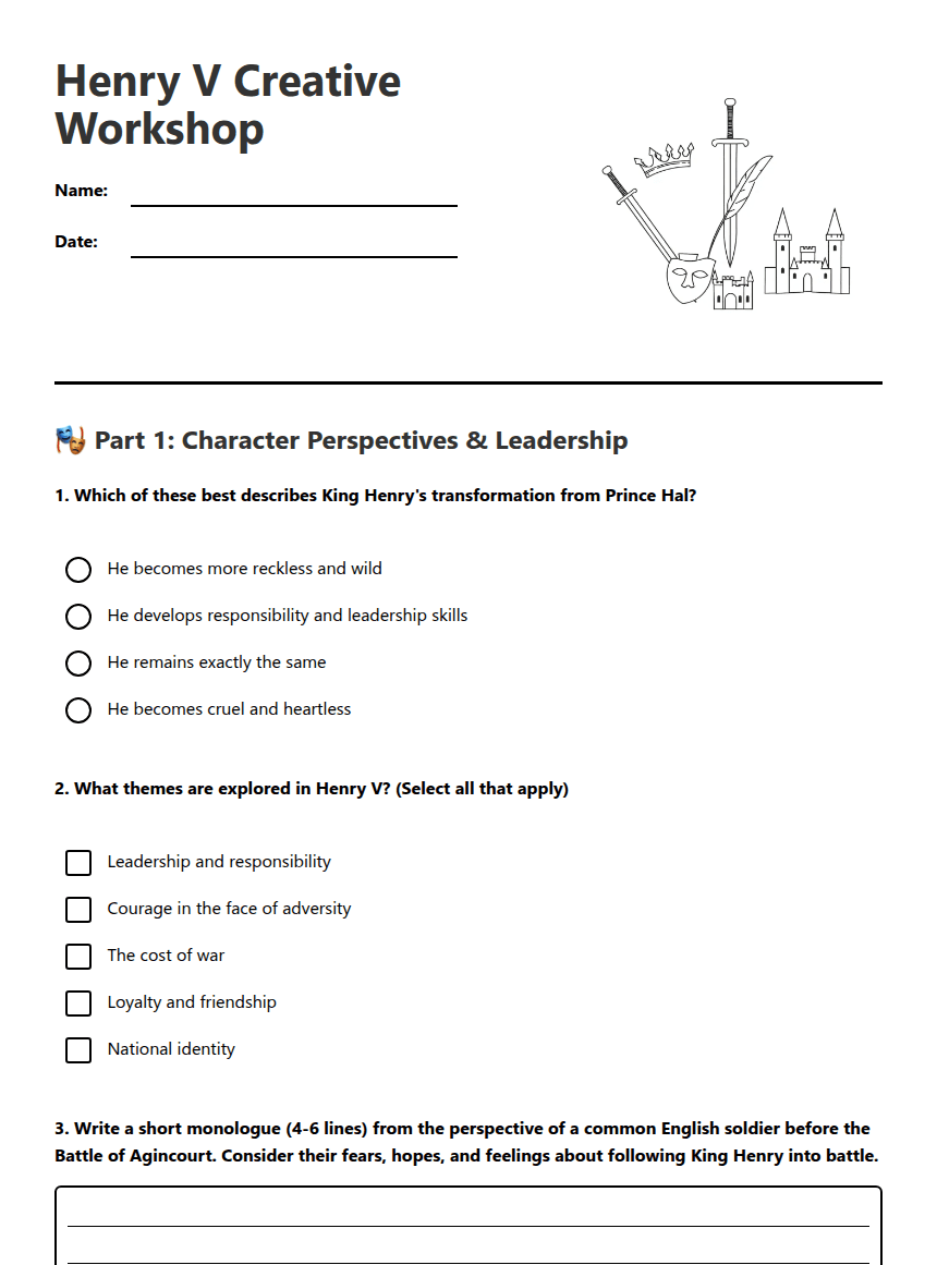 Henry V Creative Workshop worksheet preview