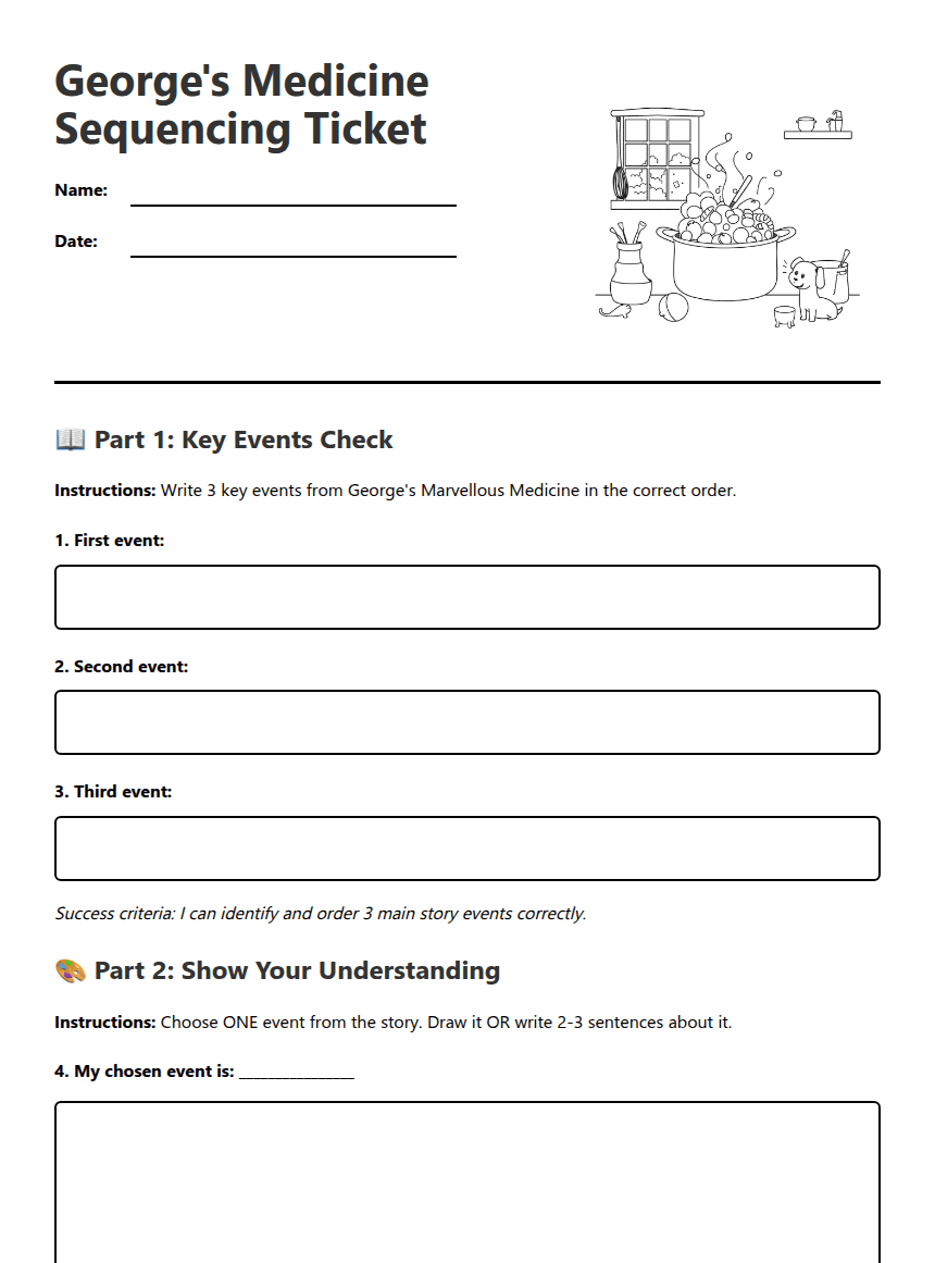 George's Medicine Sequencing Ticket worksheet preview