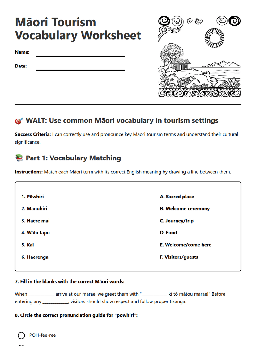 Māori Tourism Vocabulary Worksheet