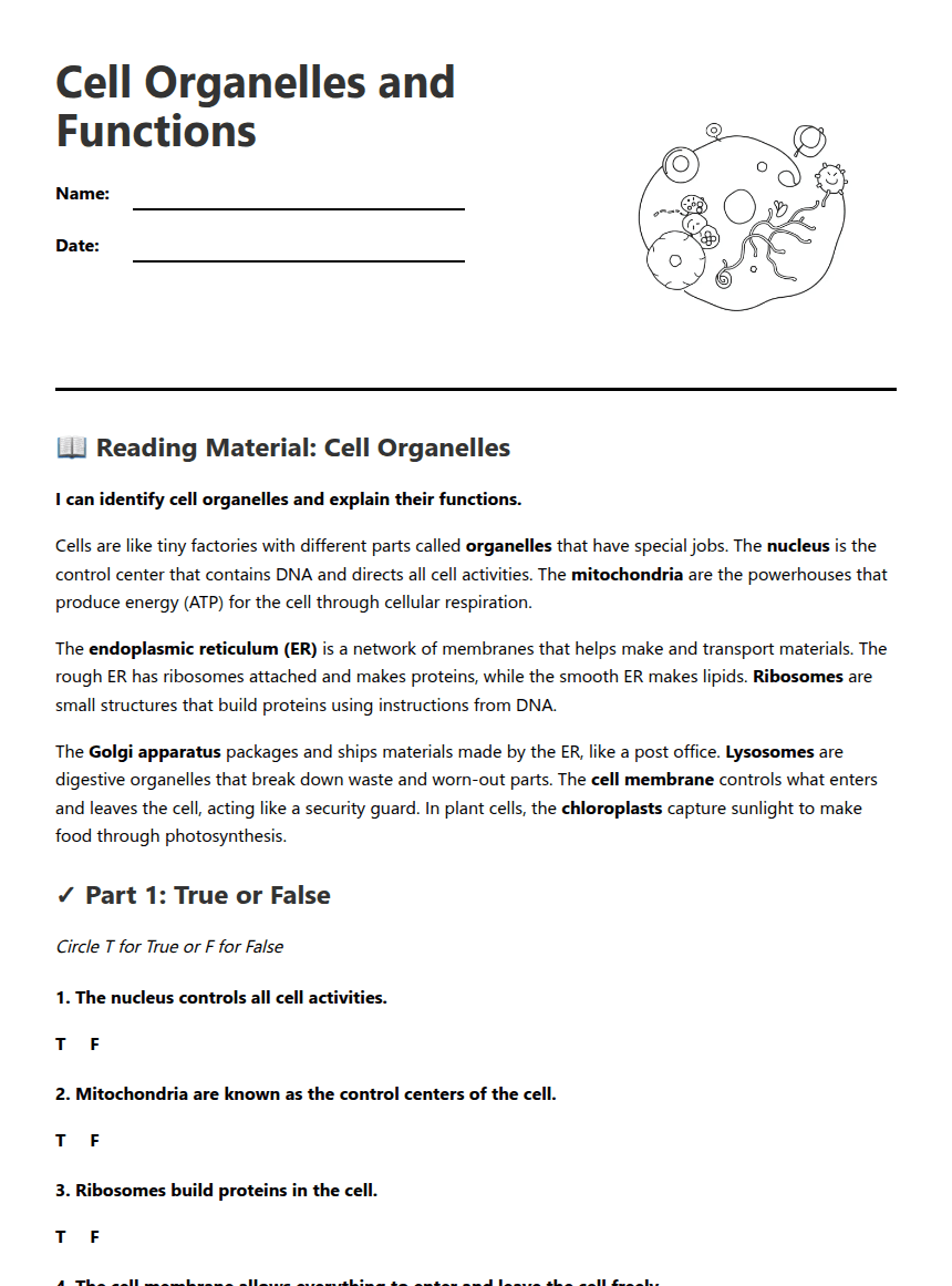 Cell Organelles and Functions worksheet preview