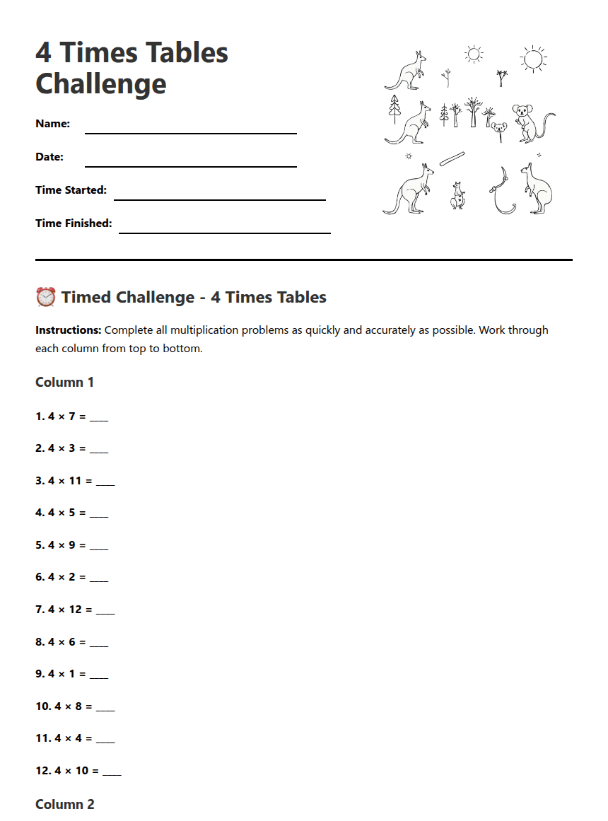 4 Times Tables Challenge worksheet preview