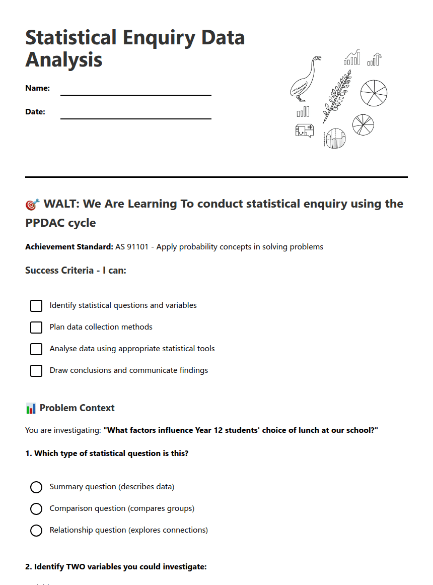 Statistical Enquiry Data Analysis worksheet preview