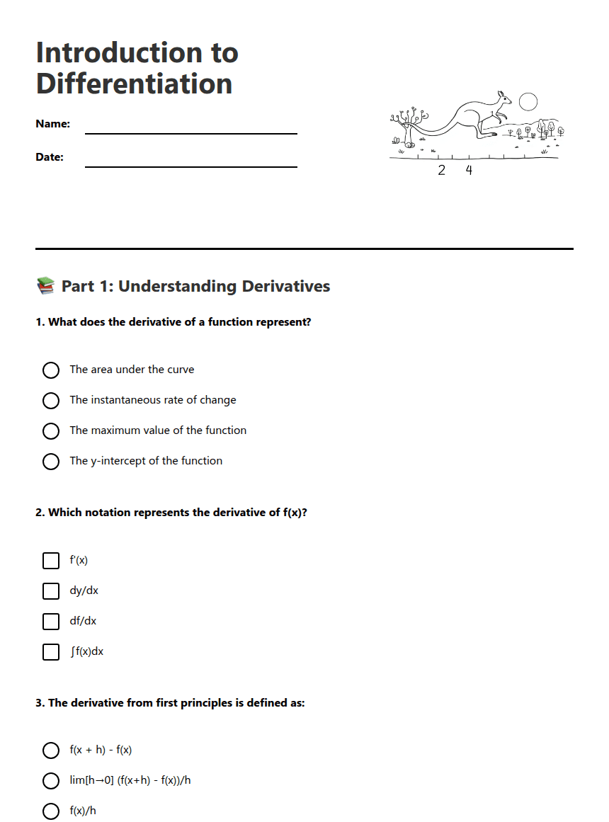 Introduction to Differentiation worksheet preview