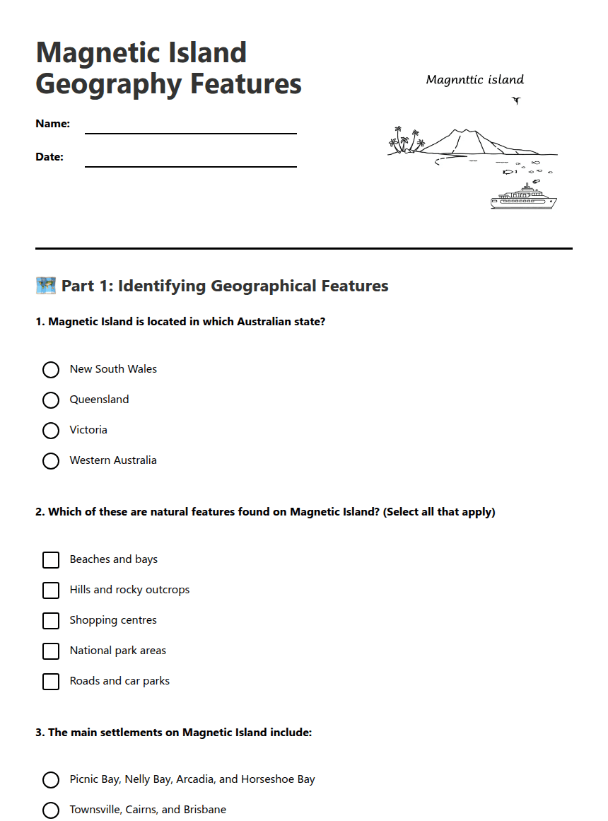 Magnetic Island Geography Features worksheet preview
