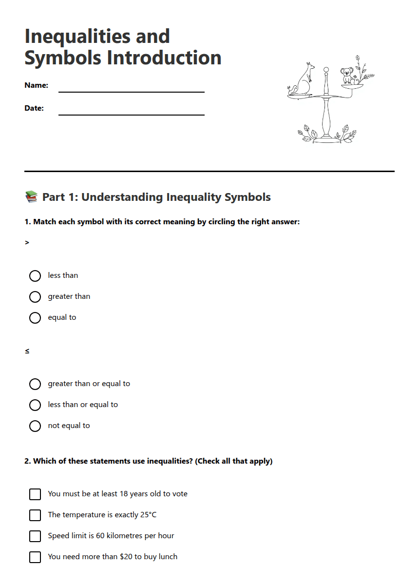 Inequalities and Symbols Introduction worksheet preview