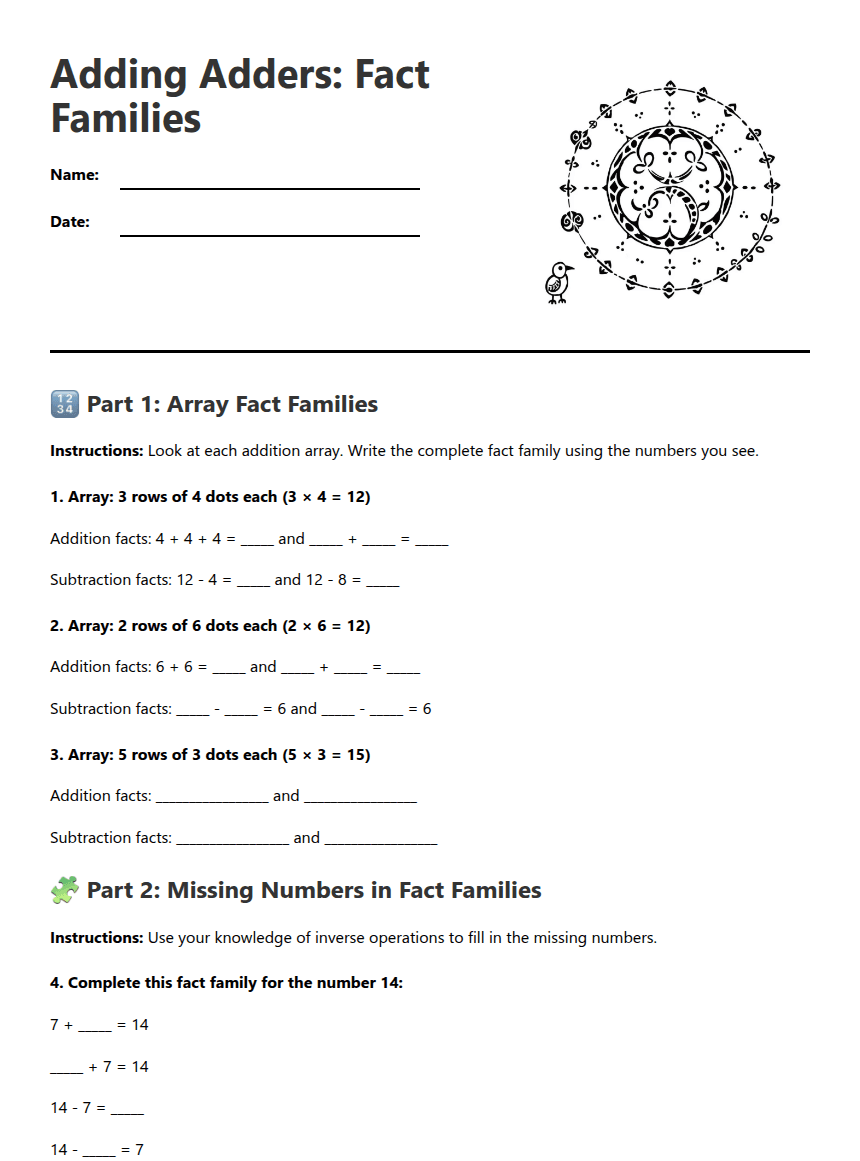 Adding Adders: Fact Families worksheet preview