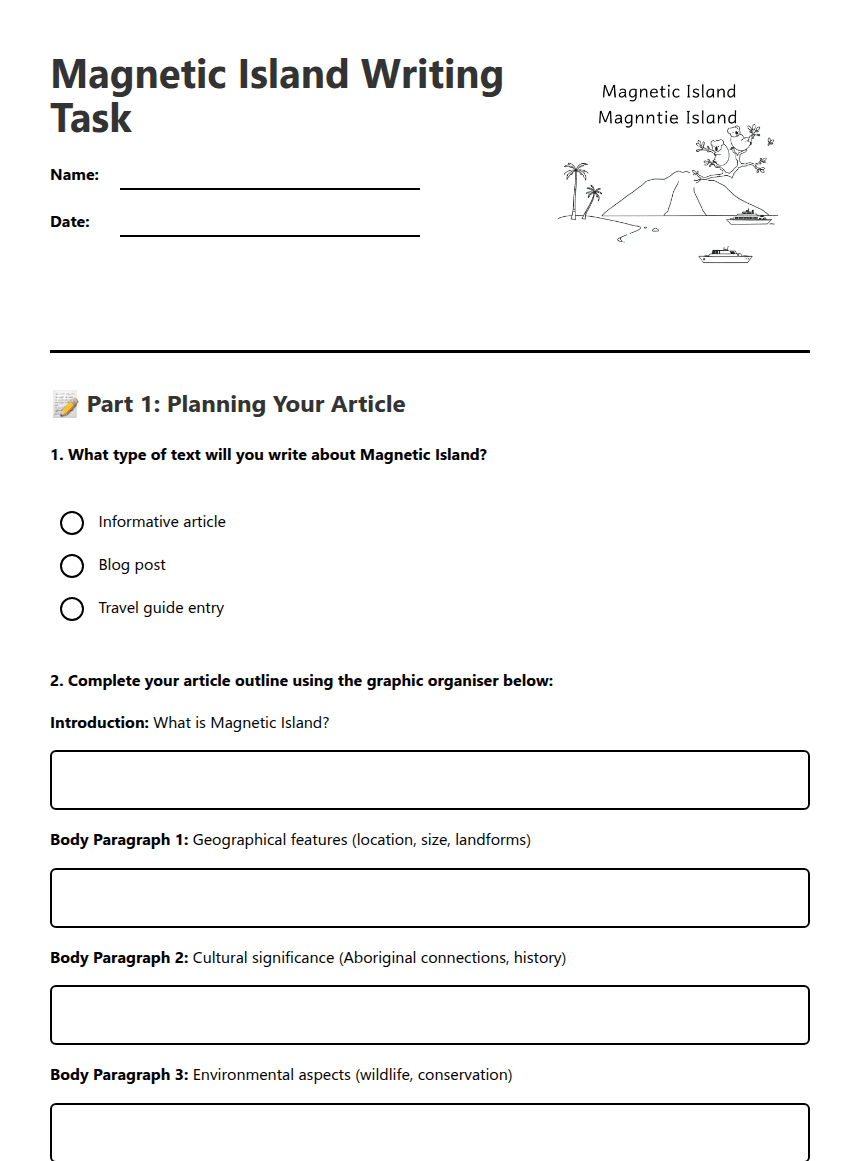 Magnetic Island Writing Task worksheet preview