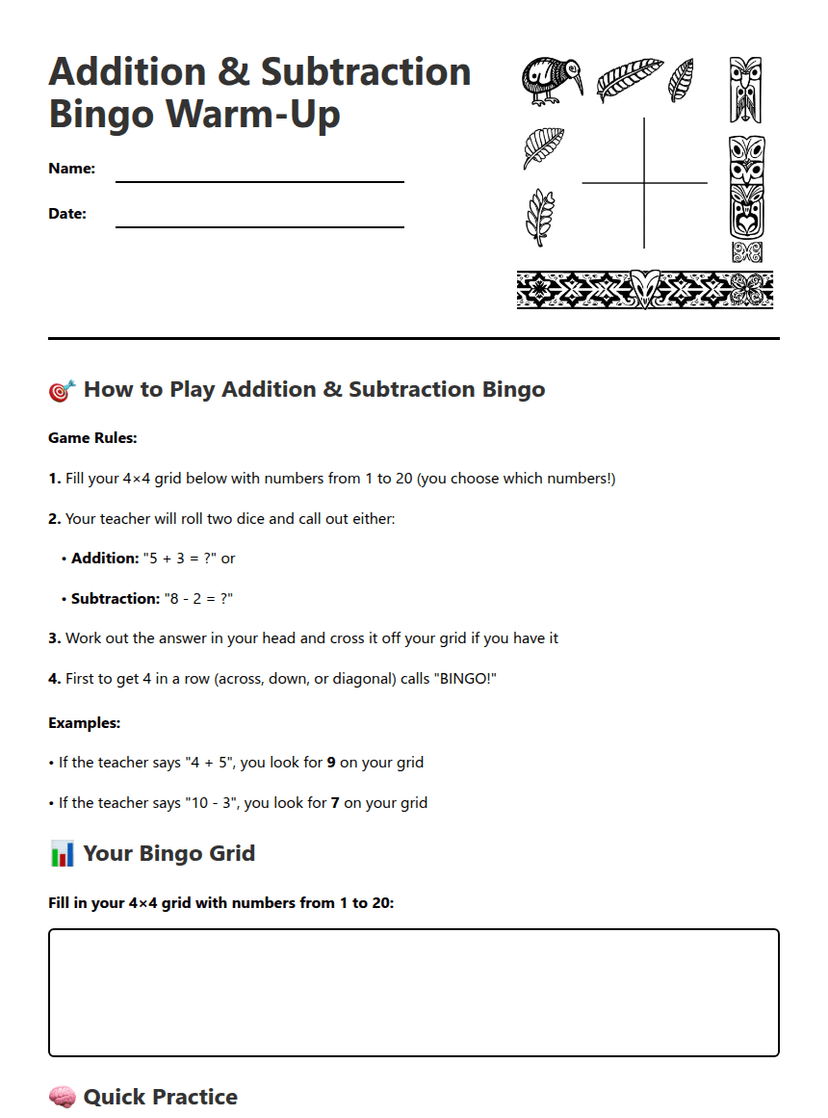 Addition & Subtraction Bingo