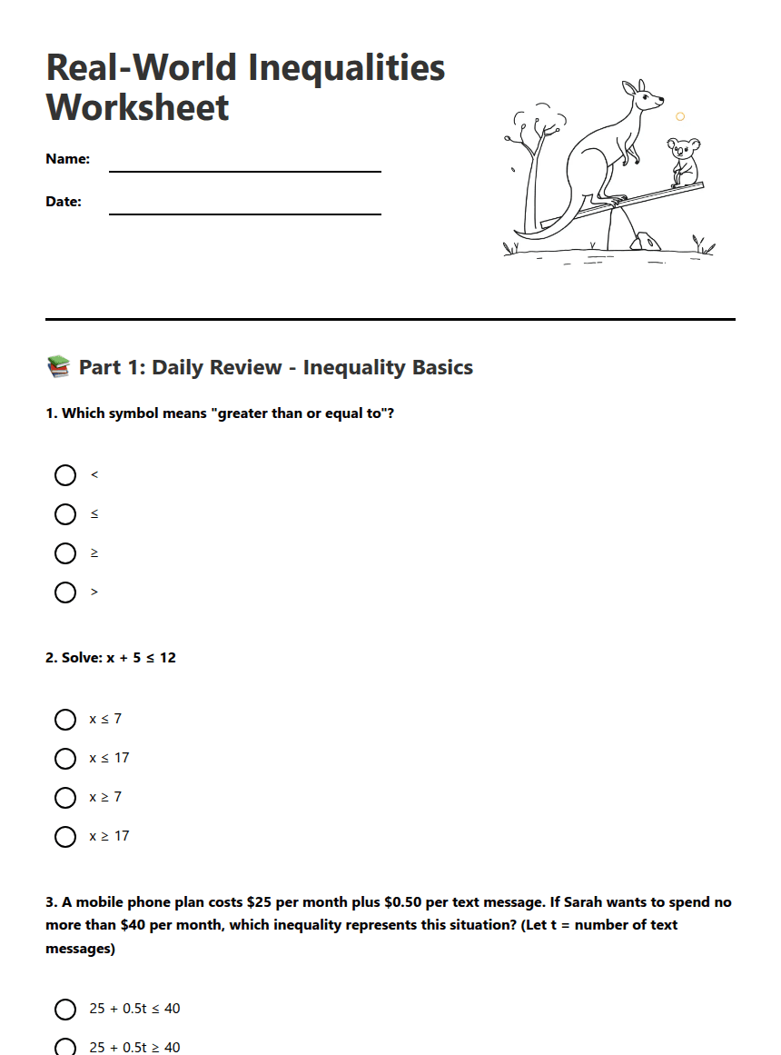 Real-World Inequalities Worksheet worksheet preview