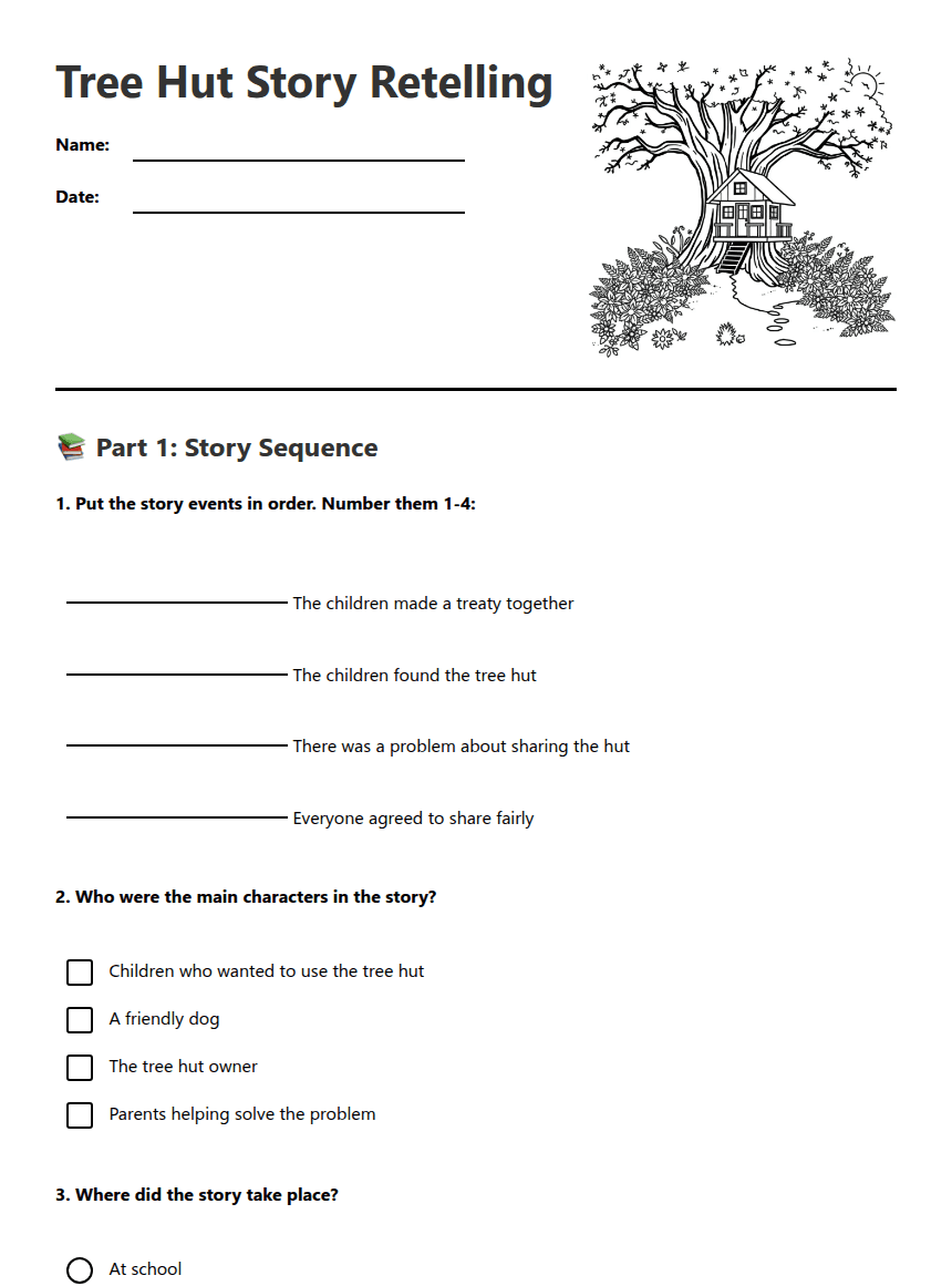 Tree Hut Story Retelling worksheet preview