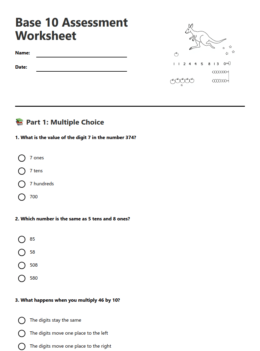 Base 10 Assessment Worksheet worksheet preview
