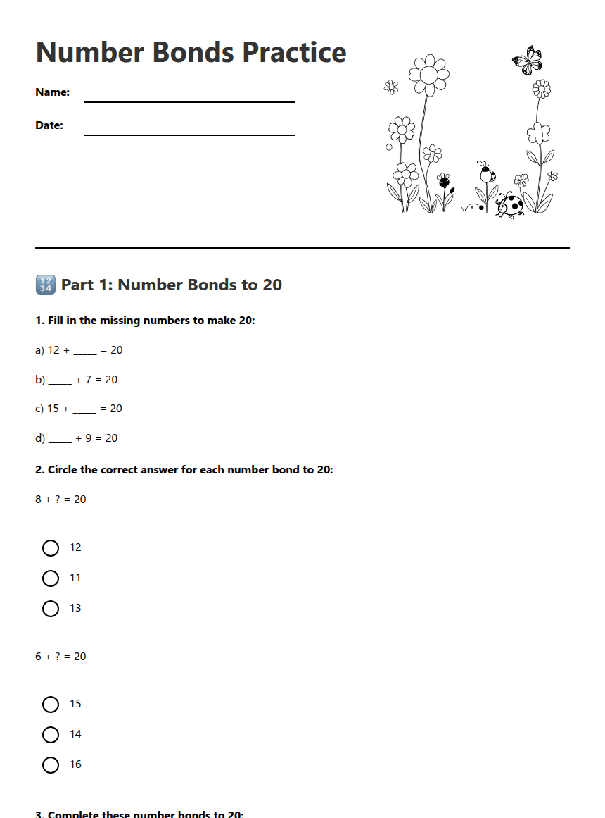 Number Bonds Practice worksheet preview