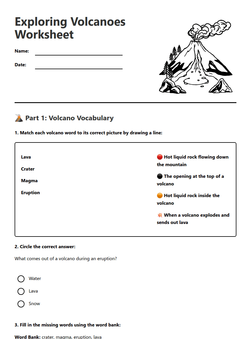 Exploring Volcanoes Worksheet worksheet preview