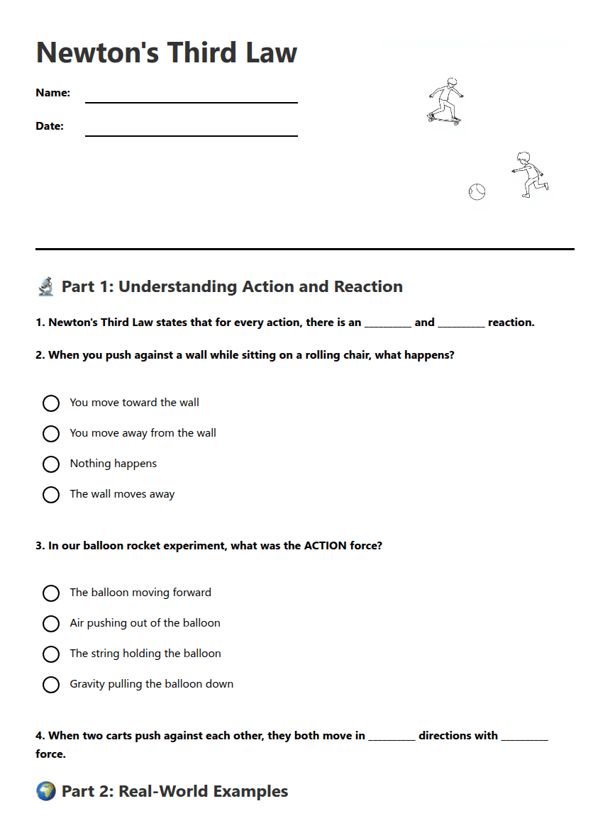 Newton's Third Law worksheet preview