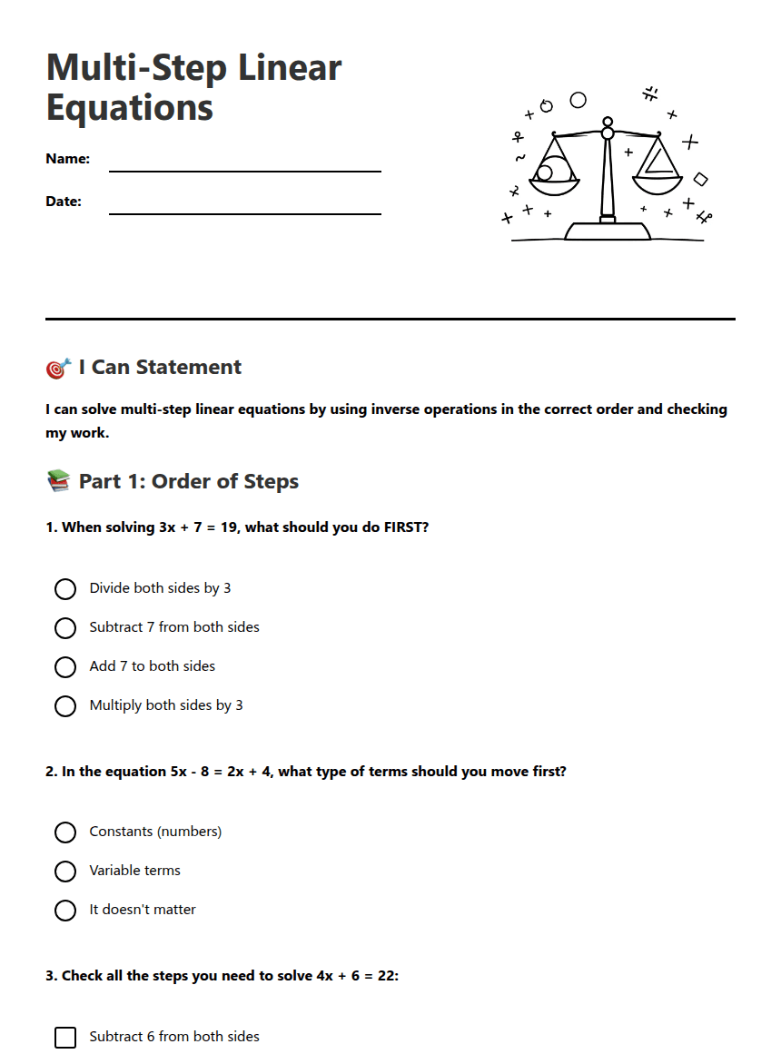 Multi-Step Linear Equations worksheet preview